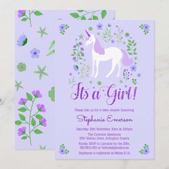 Unicorn Its A Girl Purple Baby Shower Invitation (Front/Back)