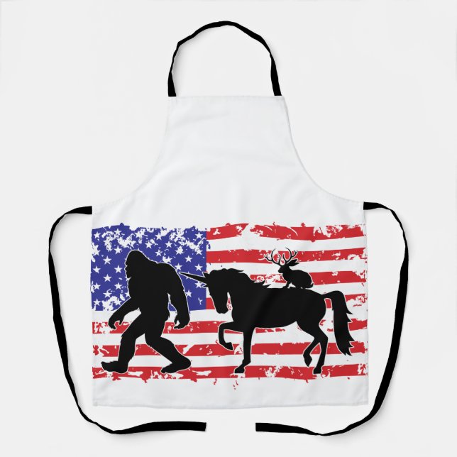 Unicorn, Jackalope, Bigfoot and the American Flag Apron (Front)