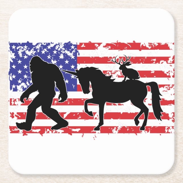 Unicorn, Jackalope, Bigfoot and the American Flag Square Paper Coaster (Front)