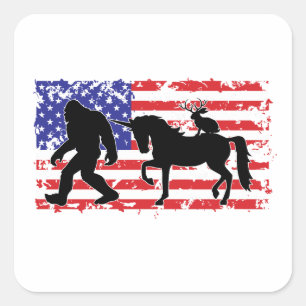 Unicorn, Jackalope, Bigfoot and the American Flag Square Sticker