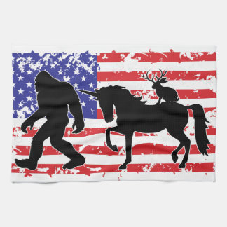 Unicorn, Jackalope, Bigfoot and the American Flag Tea Towel