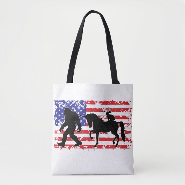 Unicorn, Jackalope, Bigfoot and the American Flag Tote Bag (Front)