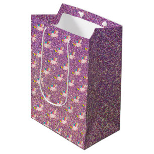 Unicorn Kawaii Rainbow Gold Purple Pink Glitter Medium Gift Bag
