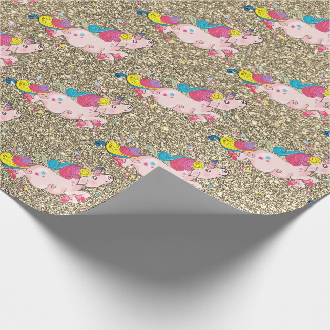 Unicorn Kawaii Rainbow Metallic Gold Glitter Wrapping Paper (Corner)