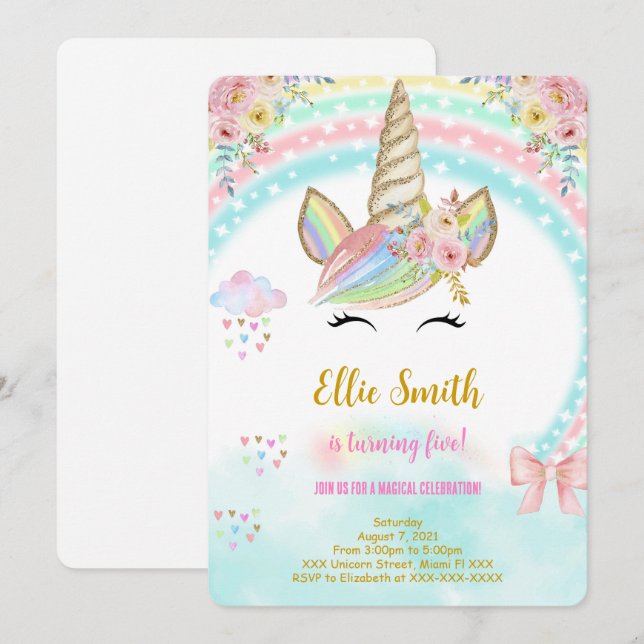 Unicorn kids Birthday Invitation (Front/Back)