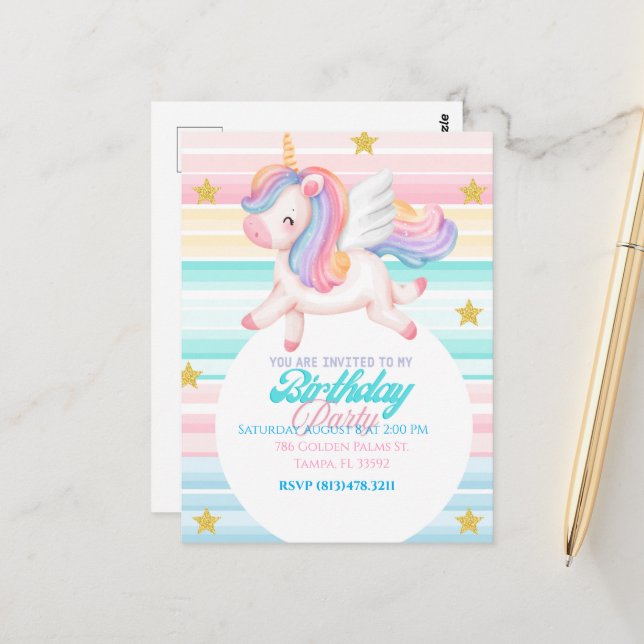 Unicorn Kids Birthday Invitation Postcard (Front/Back In Situ)