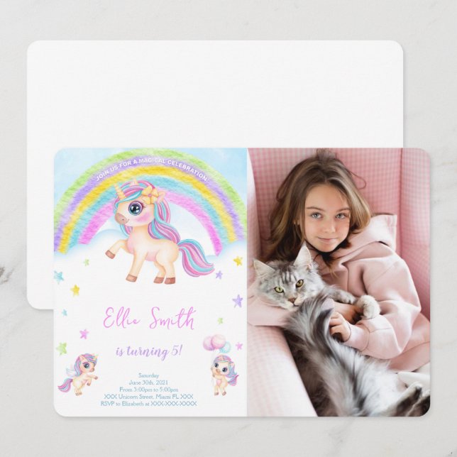 Unicorn Kids Birthday Photo Invitation  (Front/Back)
