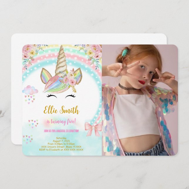 Unicorn kids Birthday Photo Invitation (Front/Back)