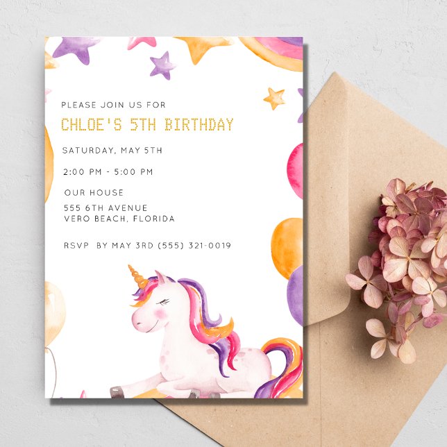 Unicorn Kids Girl 5th Birthday Party Invitation (Unicorn Kids Girl 5th Birthday Party Invitation)