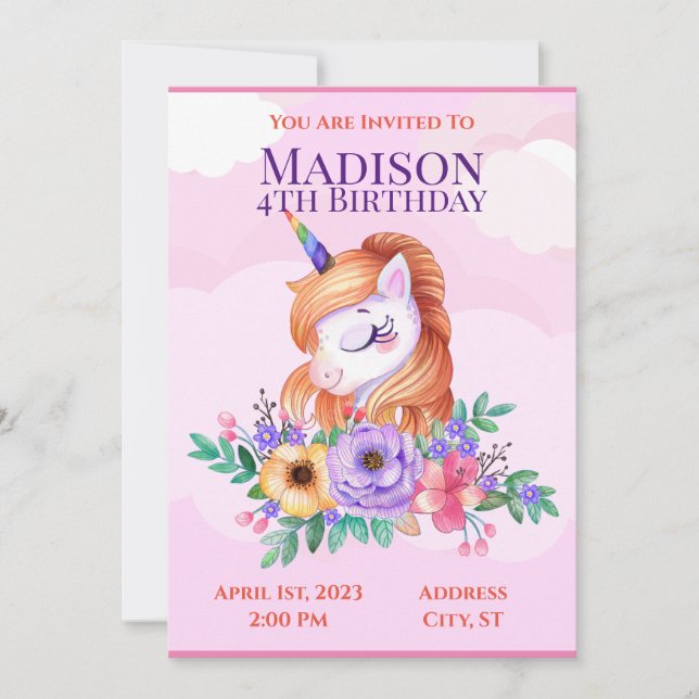 Unicorn Kids Invitation  (Front)