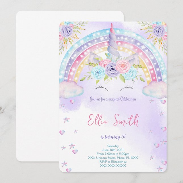 Unicorn Kids Invitation  (Front/Back)