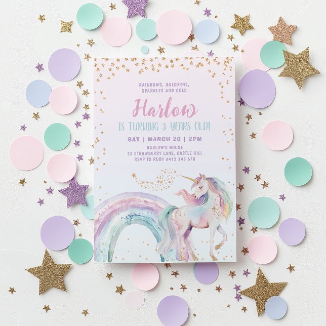 Unicorn Kids Pastel Rainbow Birthday Invitation (Pastel Rainbow Unicorn Kid's Birthday Invitation in pink, purple, gold tones)