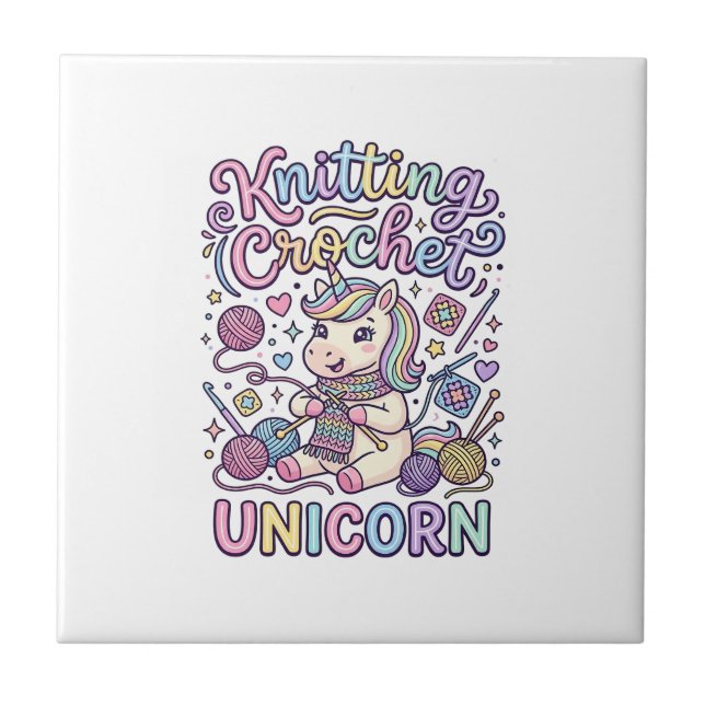 Unicorn Knitting Crochet Unicorn Charming White Ba Tile (Front)