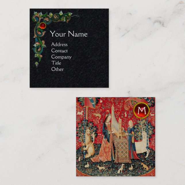 UNICORN,LADY PLAYING ORGAN,GEMSTONE MONOGRAM Black Square Business Card (Front/Back)
