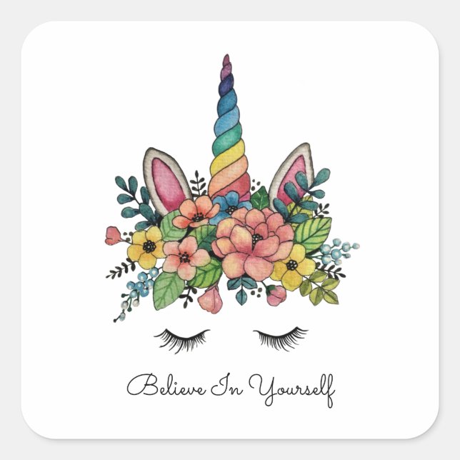 Unicorn Lashes With Rainbow Horn Square Sticker (Front)