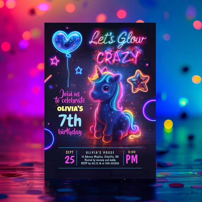 Unicorn Let's Glow Crazy Neon Birthday Party Invitation (Let's Glow Crazy Unicorn Birthday Invitation)
