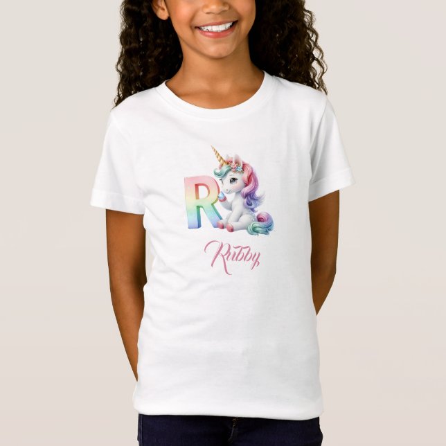 Unicorn letter R monogram initial magical day T-Shirt (Front)