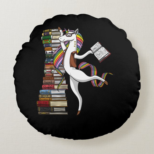 Unicorn Librarian Magical Book Reading Nerd Round Cushion (Front)