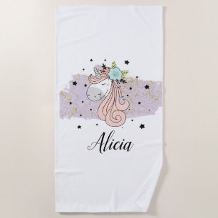 Unicorn Lilac Watercolor Beach Towel