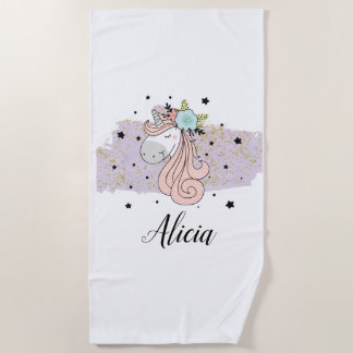 Unicorn Lilac Watercolor Beach Towel