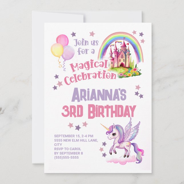 Unicorn Little Girl's 2nd Birthday  Invitation (Front)