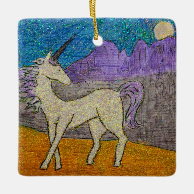 Unicorn looking back at the mountain ridgeline ceramic ornament (Front)