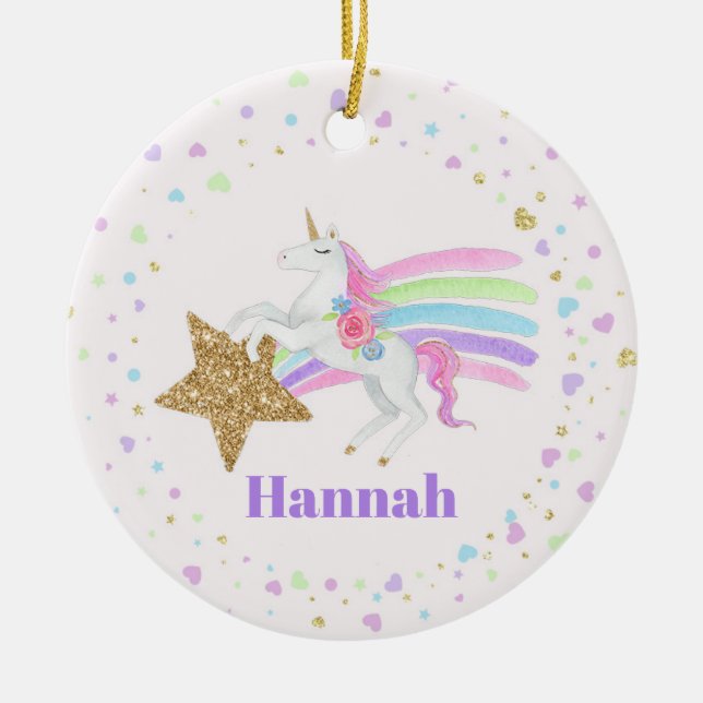 Unicorn Love Hearts & Star Girls Ceramic Tree Decoration (Front)