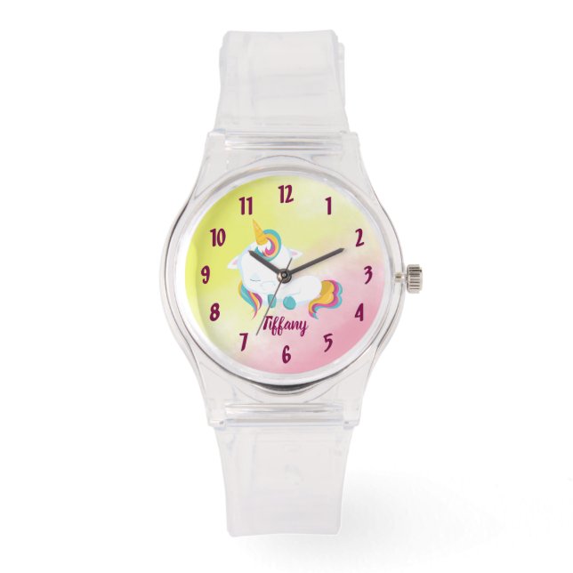 Unicorn Lover Pink and Yellow Background Watch (Front)