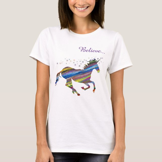 Unicorn Magic Believe Striped Women's Tee (Front)