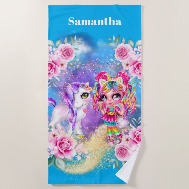 Unicorn magic DIY girls name fantasy art Beach Towel (Front)
