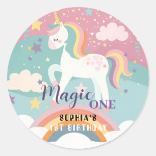  Unicorn Magic First Birthday Party Classic Round Sticker