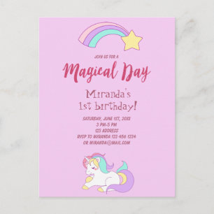 Unicorn magic girly 1st birthday party invitation postcard