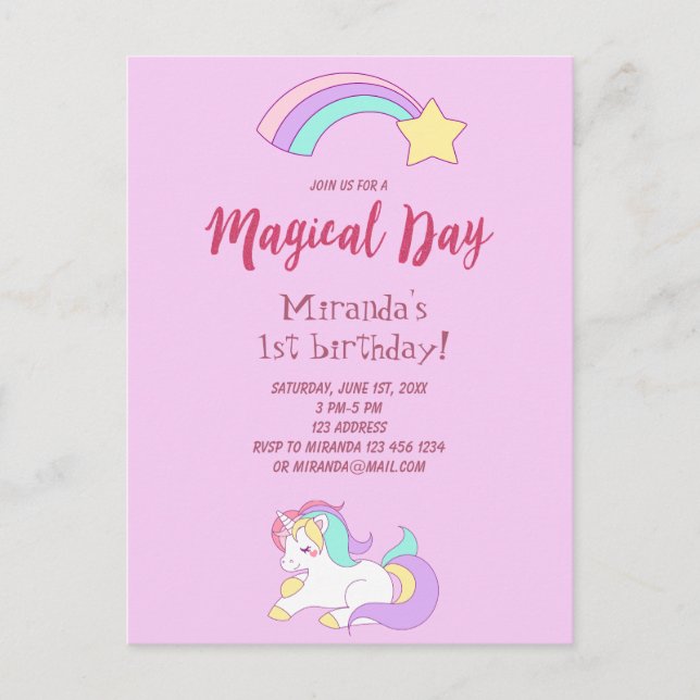 Unicorn magic girly 1st birthday party invitation postcard (Front)