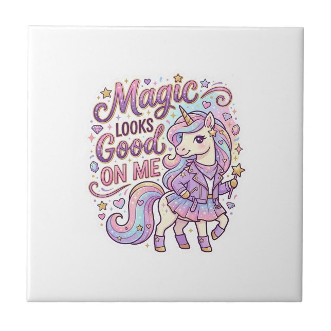 Unicorn Magic Looks Good on Me Graphic Design Whit Tile (Front)