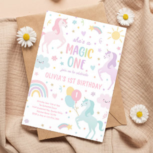 Unicorn Magic One Pastel Rainbow 1st Birthday Invitation