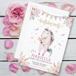 Unicorn Magic Pink Floral Birthday Party Invitatio Invitation Postcard