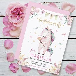 Unicorn Magic Pink Floral Birthday Party Invitation