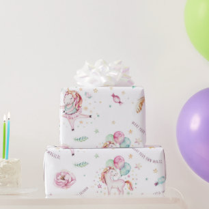 Unicorn Magic Pink Floral Birthday Party Wrapping Paper