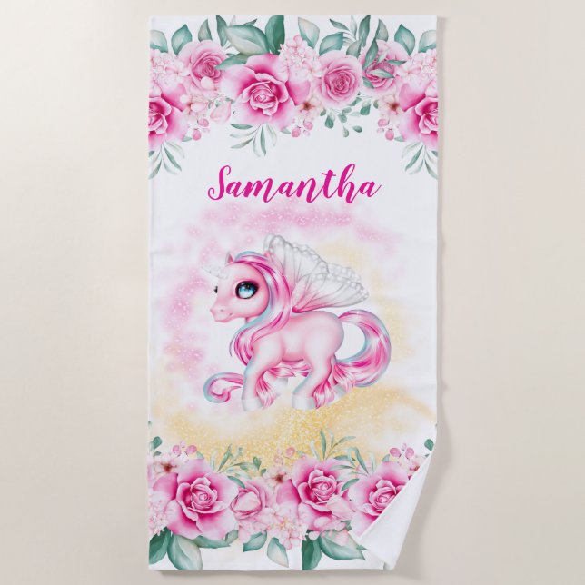 Unicorn magic pink roses DIY girls name pretty Beach Towel (Front)