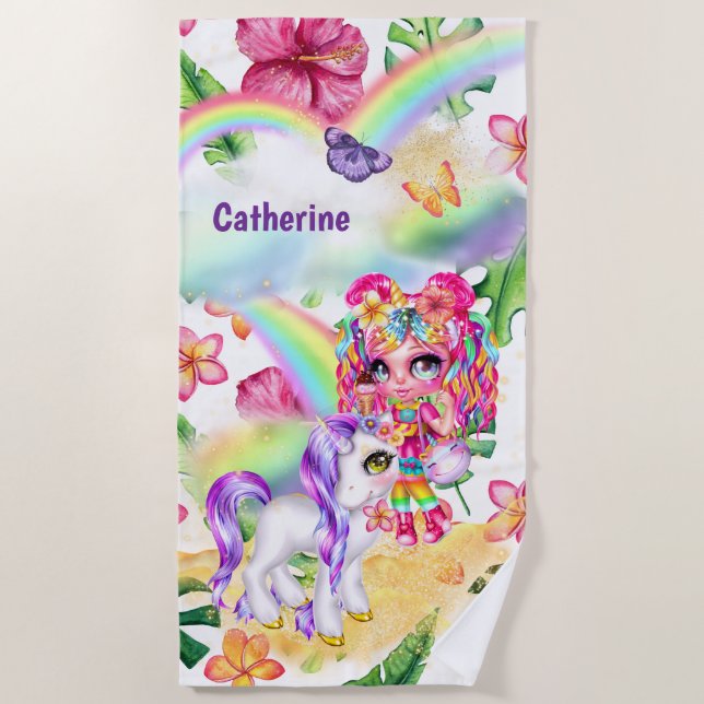Unicorn magic rainbow girl enchanted garden floral beach towel (Front)
