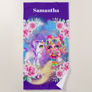 Unicorn magic rainbow girls name fantasy beach towel
