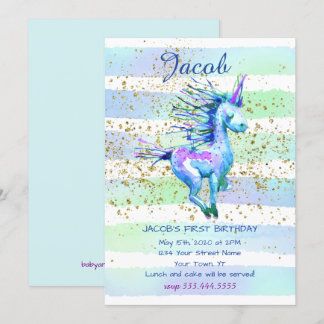 Unicorn Magic Watercolor Boy First Birthday Party Invitation