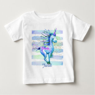 Unicorn Magic Watercolor Stripes Blue Baby T-Shirt