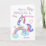 Unicorn Magical 1st Birthday Pink Card<br><div class="desc">A cute and sweet magical unicorn birthday card design featuring a colourful unicorn standing on a cloud and Rainbow with a background of shooting stars and hearts.The card has the wording - Have a Magical Birthday in a colourful font . A sweet, cute and magical design for a little girl...</div>