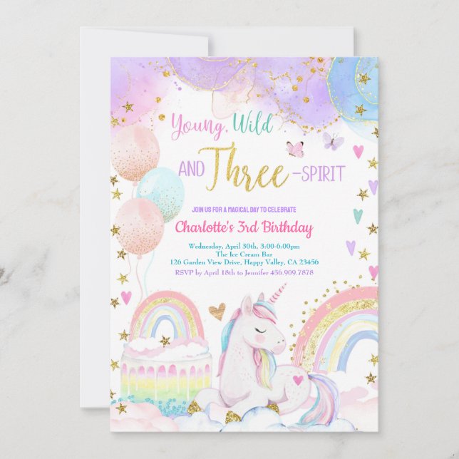 Unicorn Magical 3rd Birthday Party Pastel Rainbow Invitation (Front)