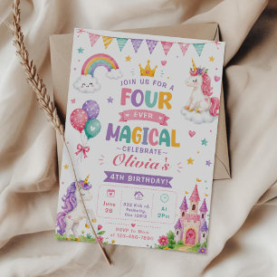 Unicorn Magical 4th Birthday Party Pastel Rainbow Invitation