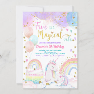 Unicorn Magical 5th Birthday Party Pastel Rainbow Invitation