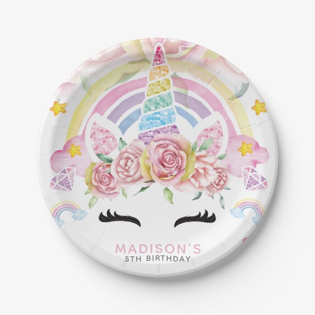 Unicorn Magical Birthday Floral Paper Plate (Front)