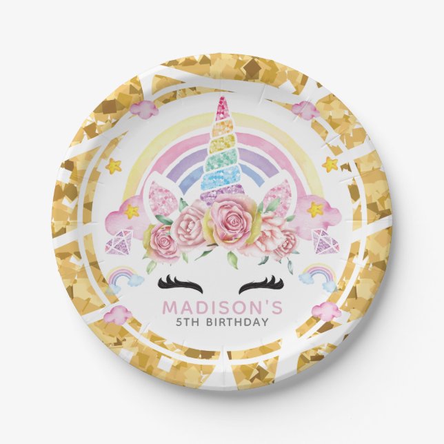 Unicorn Magical Birthday Gold Paper Plate (Front)