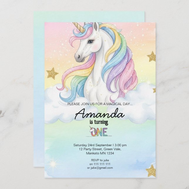 Unicorn Magical Birthday Party Invitation Card (Front/Back)